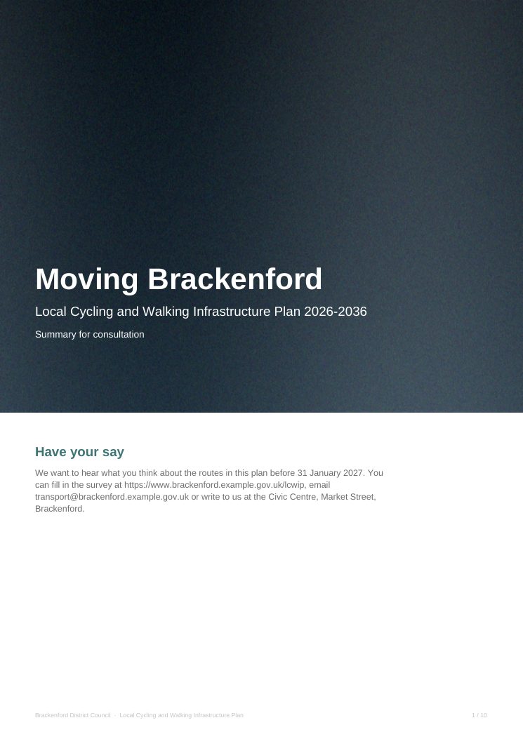 Front page of the accessible Brackenford plan: &lsquo;Moving Brackenford&rsquo; in white over a darkened photo, with a &lsquo;Have your say&rsquo; section below.