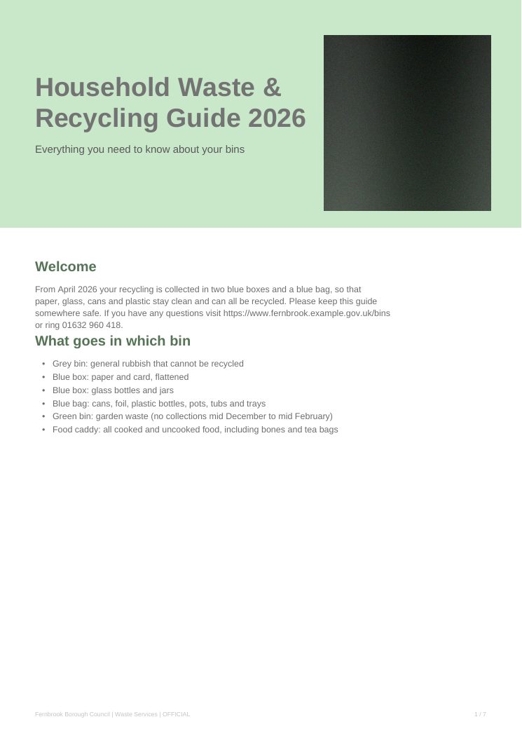 Front page of the accessible Fernbrook guide: the title &lsquo;Household Waste & Recycling Guide 2026&rsquo; on a light green band next to a photo.
